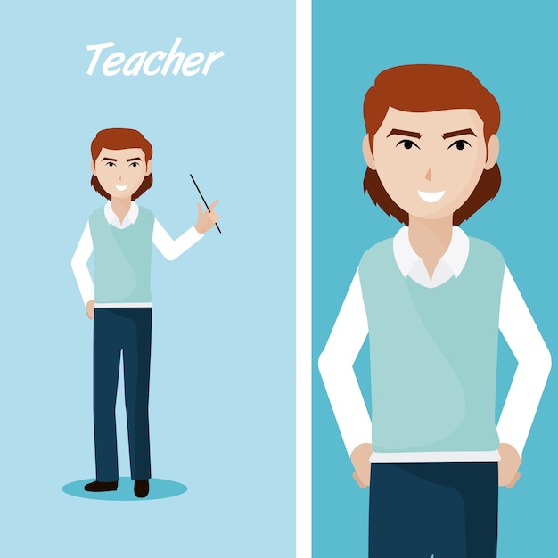 Young teacher cartoon over blue background 