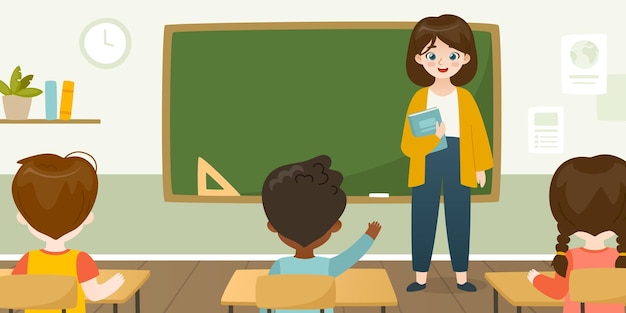 Young teacher leads the lesson in front of the blackboard