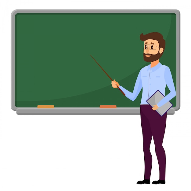 Young Teacher standing in front of blank school blackboard.