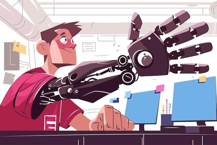 Vector a young tech enthusiast works at a desk with a futuristic robotic arm the vibrant illustration