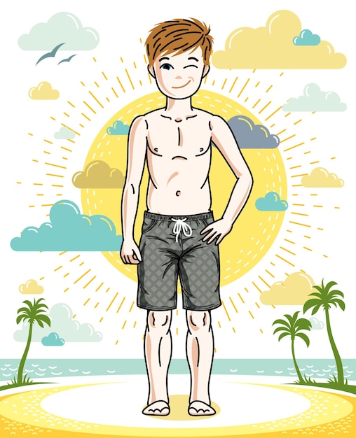 Young teen boy cute children standing in colorful stylish beach shorts. Vector attractive kid illustration. Childhood lifestyle cartoon.