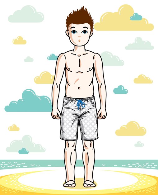 Vector young teen boy cute children standing wearing fashionable beach shorts. vector beautiful human illustration. childhood lifestyle clip art.