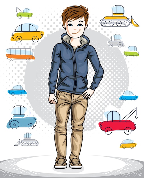 Young teen boy cute nice standing in stylish casual clothes. Vector attractive kid illustration. Fashion and lifestyle theme cartoon.