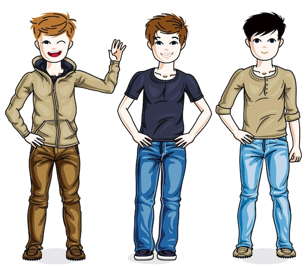 Vector young teen boys cute children group standing in stylish casual clothes. vector set of beautiful kids illustrations. childhood and family lifestyle cartoons.