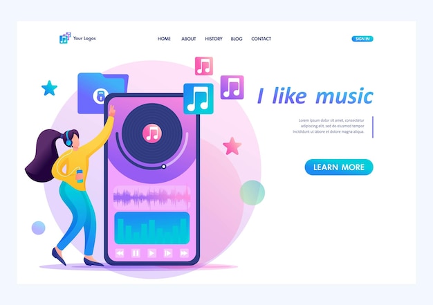 Молодая девушка-подросток слушает вашу любимую музыку через мобильное приложение плоский 2d-персонаж концепции целевой страницы и веб-дизайн