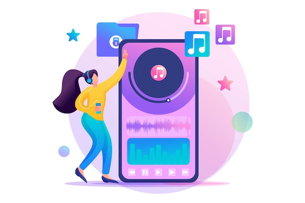 Вектор Молодая девушка-подросток слушает вашу любимую музыку через мобильное приложение.