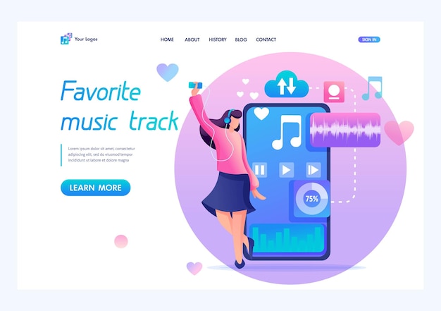 Young teen girl listening to your favorite music on your phone through the mobile app flat 2d character landing page concepts and web design