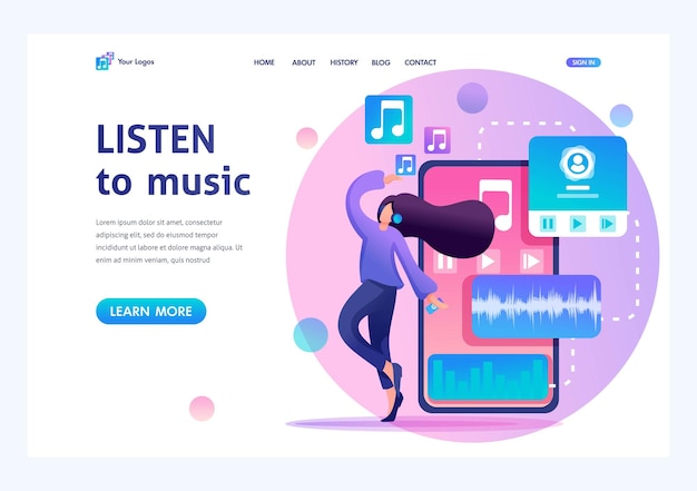 음악을 듣고 춤추는 음악 애호가 플랫 2D 캐릭터 랜딩 페이지 개념 및 웹 디자인