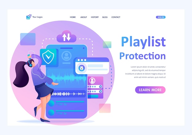 Young teenage girl listens to music using a protected playlist Flat 2D character Landing page concepts and web design