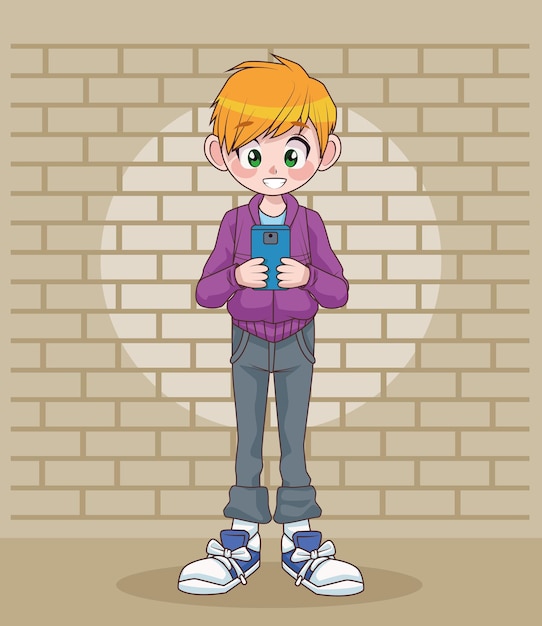 Vector young teenager boy kid using smartphone in wall character  illustration