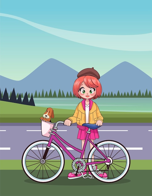 ベクトル 道路イラストの自転車アニメキャラクターの若い10代の少女