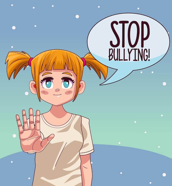 Vettore giovane ragazza adolescente con stop bullismo scritte nel fumetto