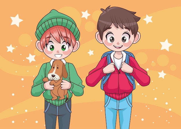 Young teenagers couple boys kids characters  illustration 