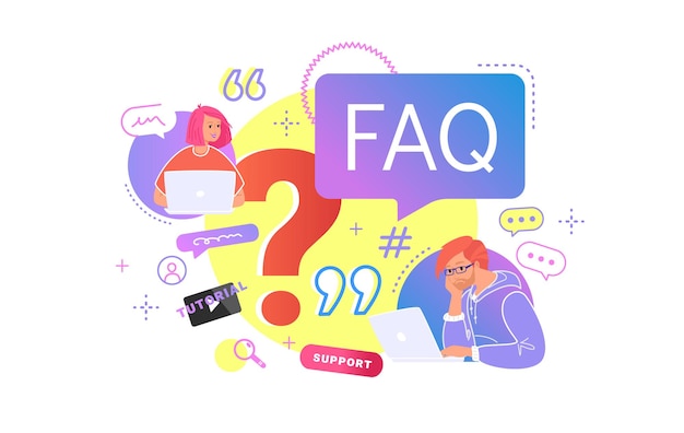 Vector young teenagers sitting with laptop and having questions. flat vector illustration of two students need a professional help or community faq. people waiting hepldesk service or watching video tutorial