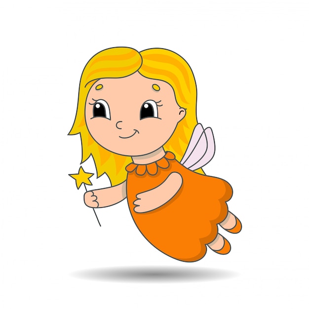 Young tooth fairy in a dress with wings and a magic wand. cute character.