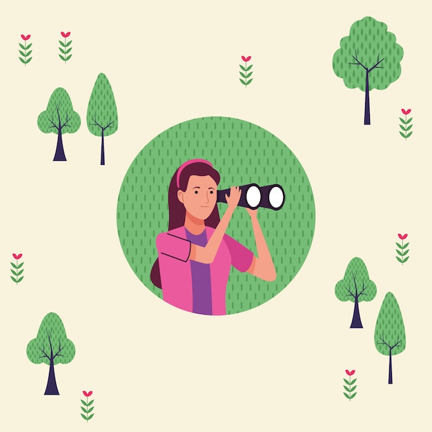 Young tourist woman using binoculars character illustration