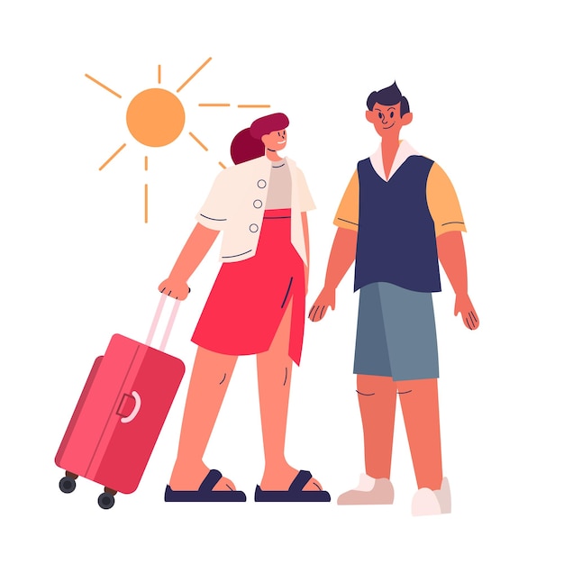 Vector young tourists with baggage standing together summer vacation holiday time to travel concept vector illustration