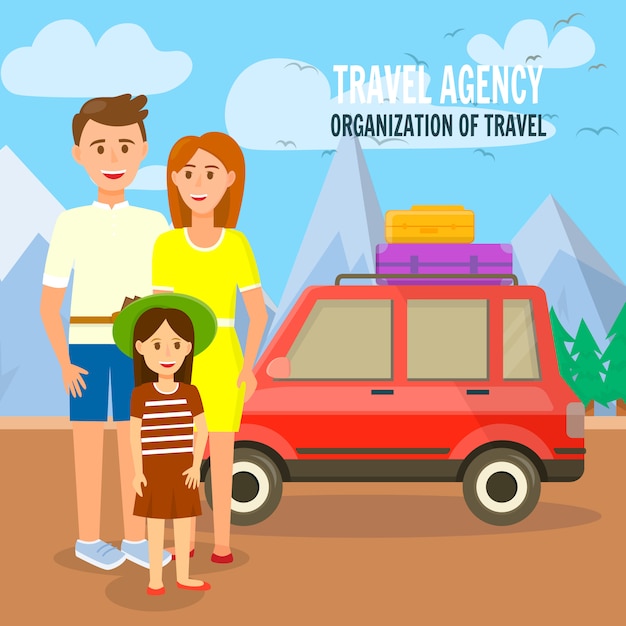 Young traveling family at car with bags on roof