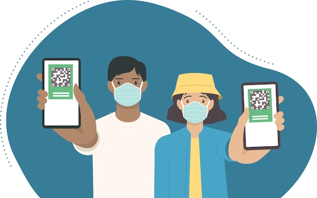 Young vaccinated people using digital health passports adult man and woman showing an app in mobile phone immunization certificate with qr code on device screen green immunity covpass application