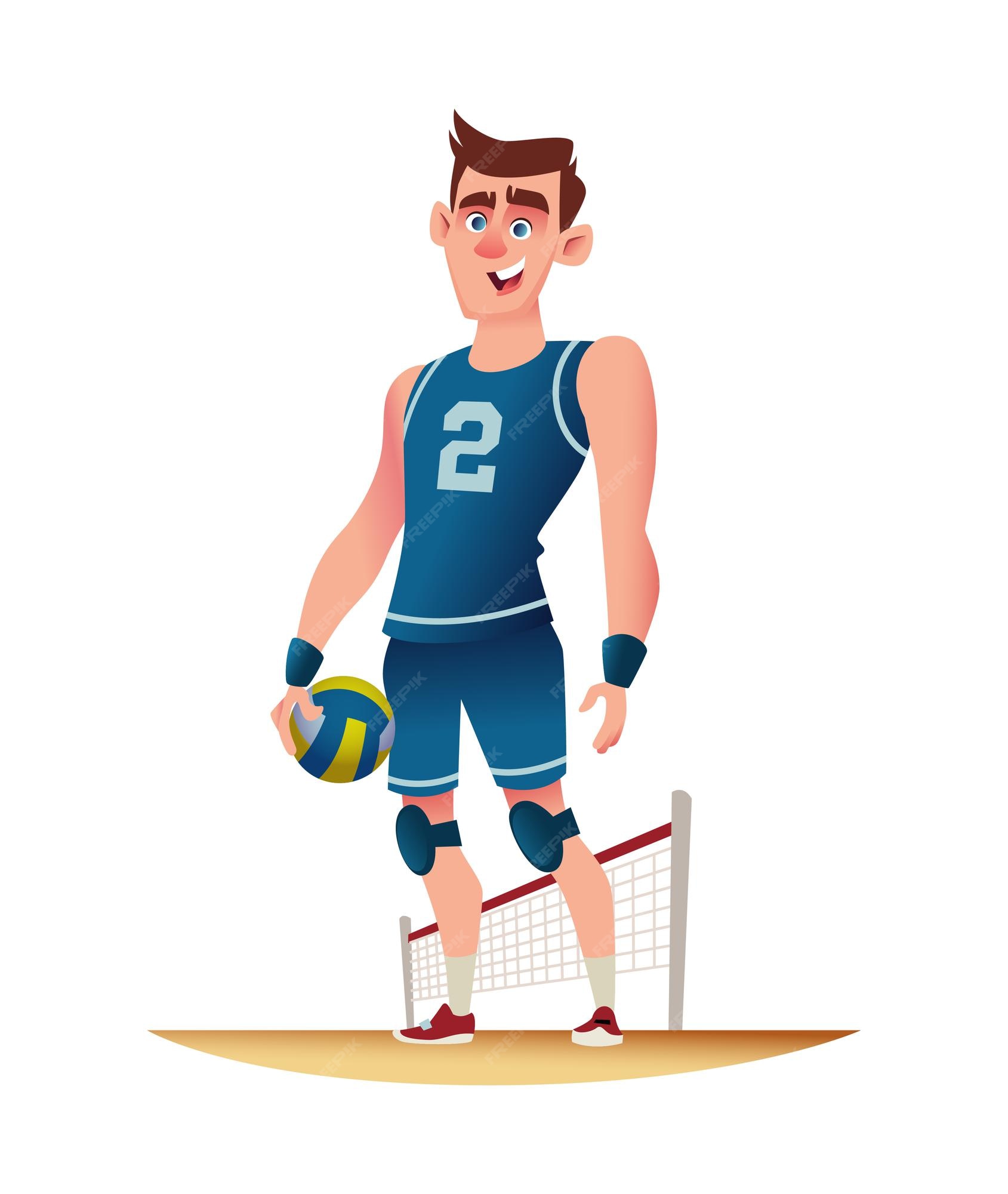 Premium Vector | Young volleyball player standing on the volleyball  playground funny cartoon character design