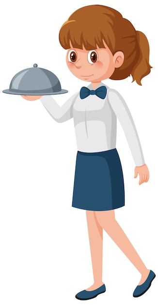 A young waitress serving food white background