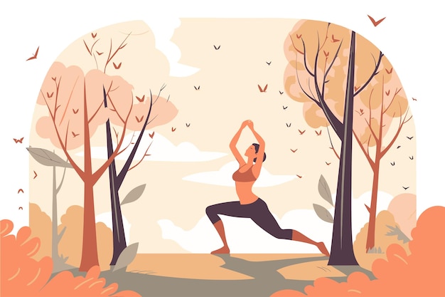 Вектор Молодая белая женщина делает упражнения йоги в парке в осенний сезон на свежем воздухе на свежем воздухе плоская векторная иллюстрация