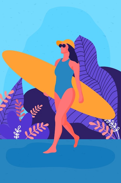 Vector young windsurfing girl with board illustration