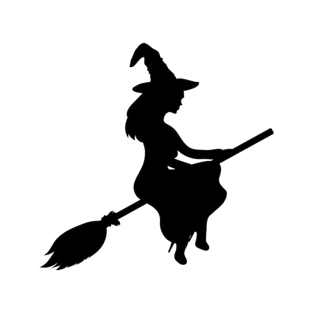 Young witch flying on a broomstick silhouette on a white background ghost woman vector illustration