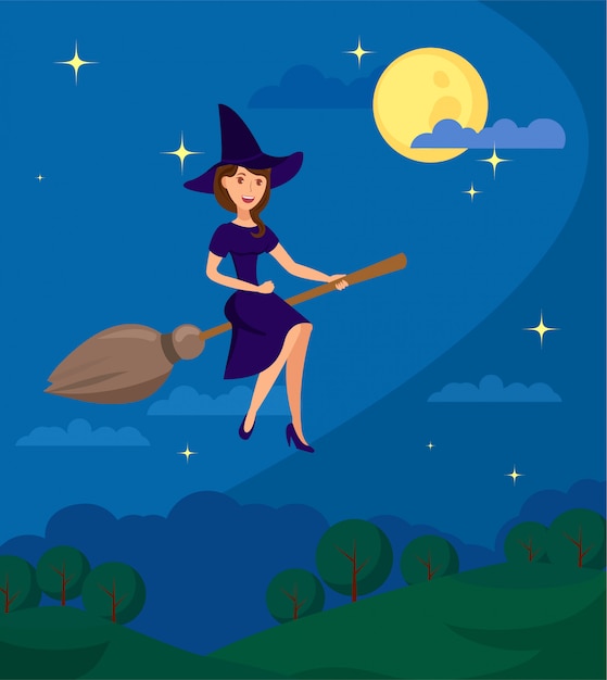 Vector young witch flying to coven flat illustration