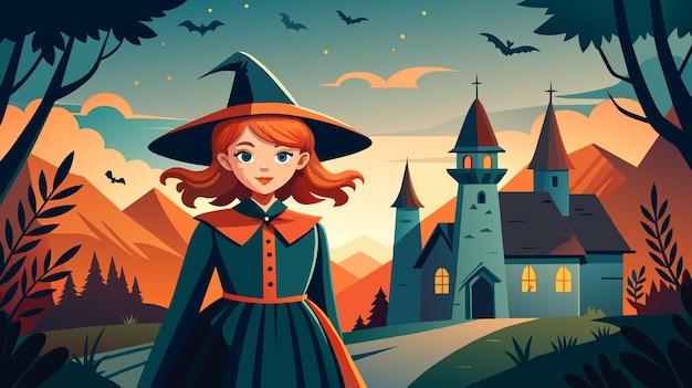 Young Witch Outside Enchanted Castle at Twilight