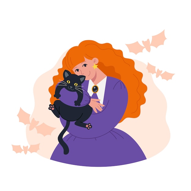 Young witch in a purple dress with red hair hugs a black cat