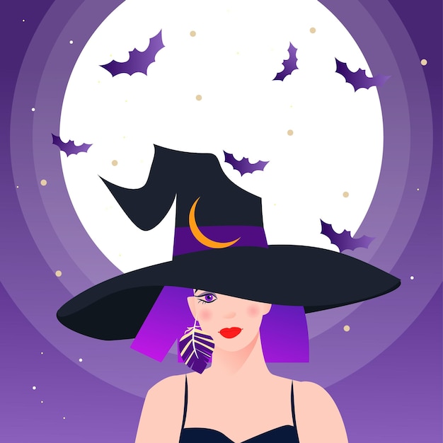 Young witch wearing typical hat with full moon and bats on the background Violet purple hair girl