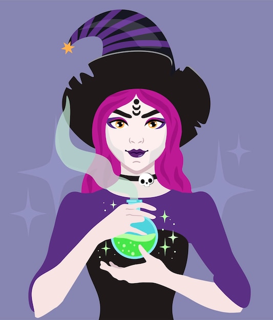 Vector young witch wearing typical witch hat with a potion in hand. cute halloween girl. halloween