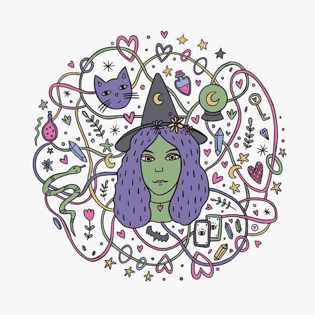 Young witch with a cat and witchy stuff Cute print for t shirt Halloween witch