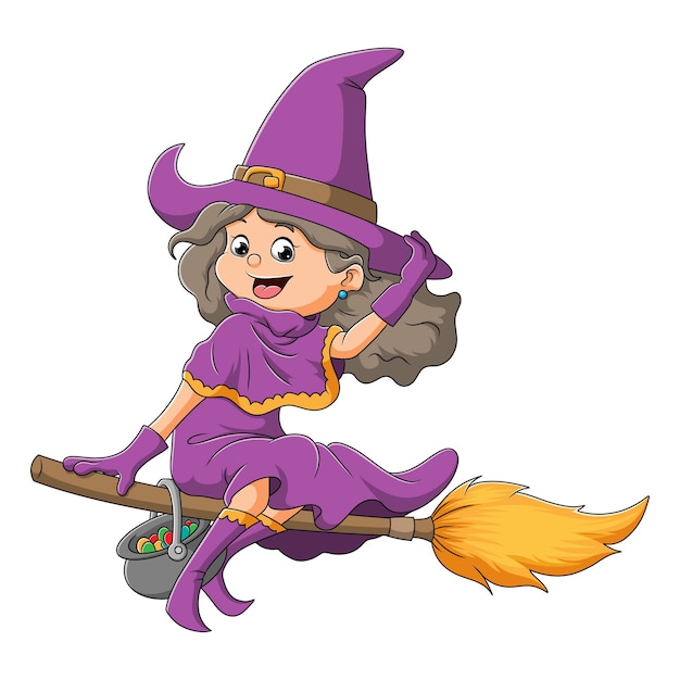 The young witch women is flying with the magic broom of illustration