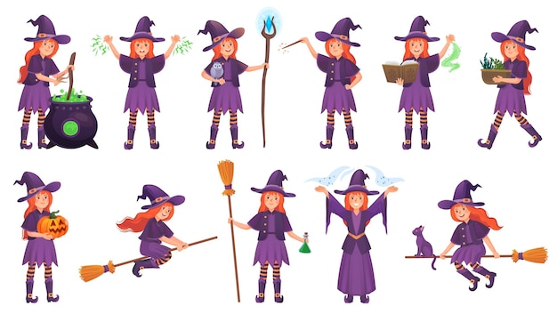 Vector young witches witchcraft redhead witch on broomstick halloween broom comic wizard lady in dress cartoon magic girl fairy woman magician character ingenious vector illustration