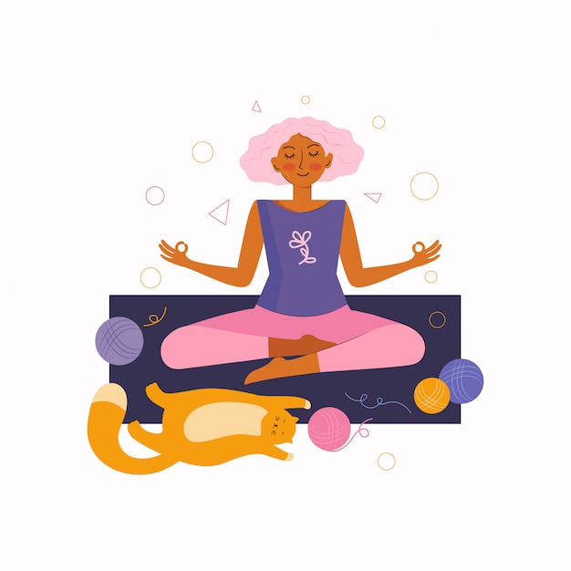Молодая женщина и забавный рыжий кот проводят время вместе дома, занимаясь йогой. проводить время дома. женщина сидит в позе лотоса и медитирует.