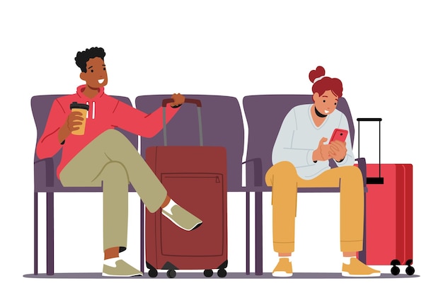 Персонажи молодой женщины и мужчины, держащие смартфон и кофе в руках, ожидающие вылета в терминале аэропорта