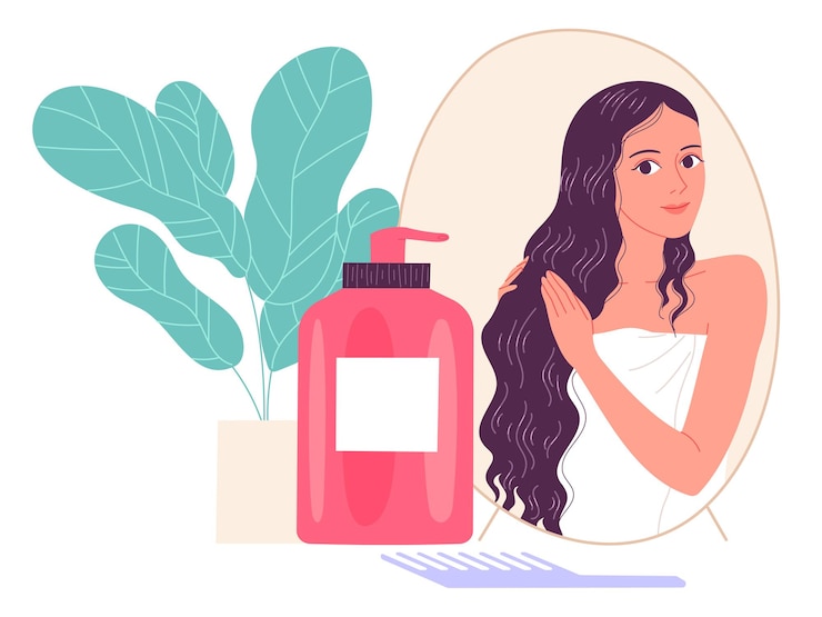 Vector young woman applies a cosmetic product to her hair