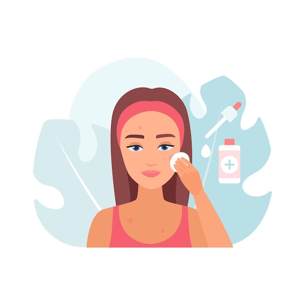 Young woman applying moisturizing antioxidant serum to face skin with cotton pad