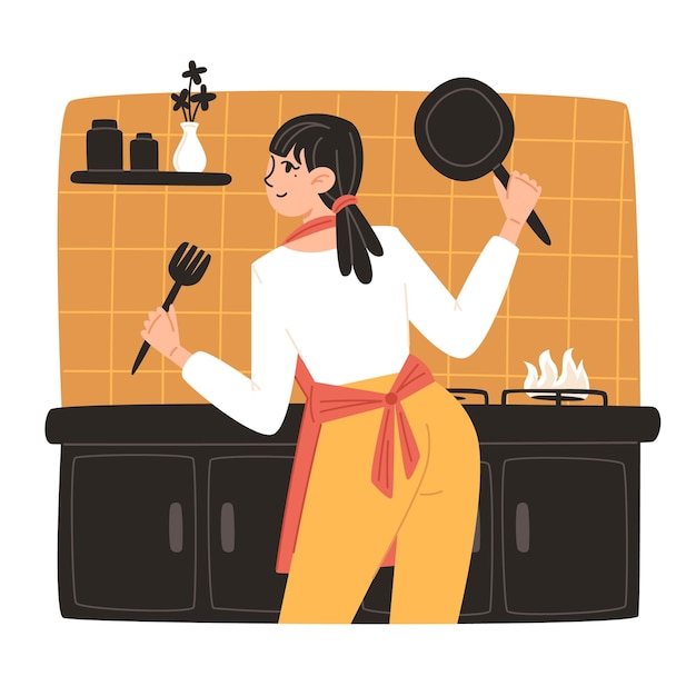 Vettore giovane donna con un grembiule che prepara delizioso cibo in una cucina accogliente