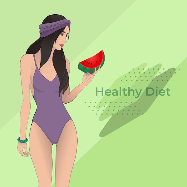 A young woman in a bathing suit holding a slice of watermelon. Healthy lifestyle