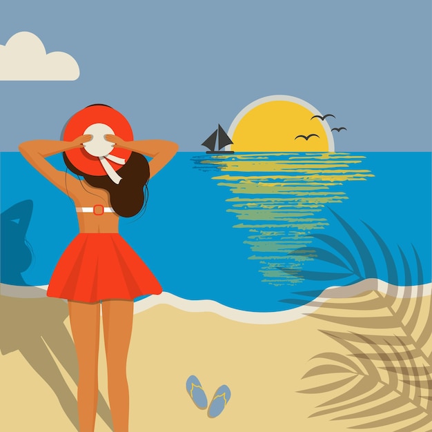 Vector young woman on the beach looking at the sea