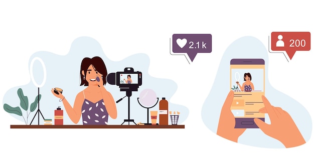 Young woman beauty blogger records a video review on cosmeticsVector isolated illustration
