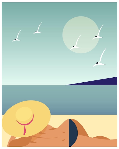 A young woman in a bikini and a summer hat is sunbathing on the beach and the sea with seagulls