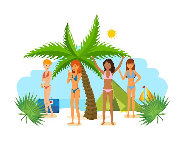 Vector young woman in bikini sunbathe in the summer in tropics