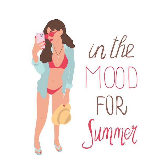 Young woman in bikini with phone with the phrase in the mood for summer