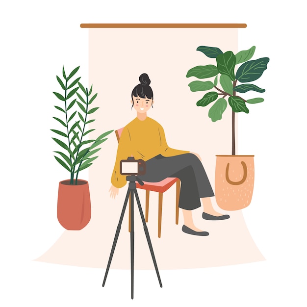 Young woman blogger sitting on the chair  and taking selfie  at home. Girl creating new video  content for blog, making new post in social media. illustration modern flat cartoon style