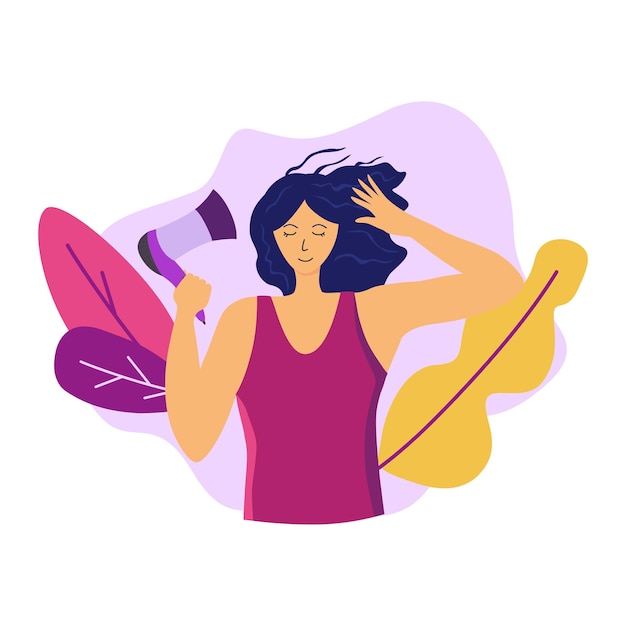 Young woman blowdry her hair vector flat illustration