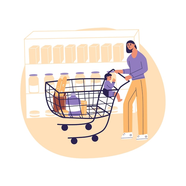 Vector young woman buying food grocery section at supermarket mother with child boy inside shopping cart daily routine flat cartoon vector illustrtion trendy colors isolated on white background